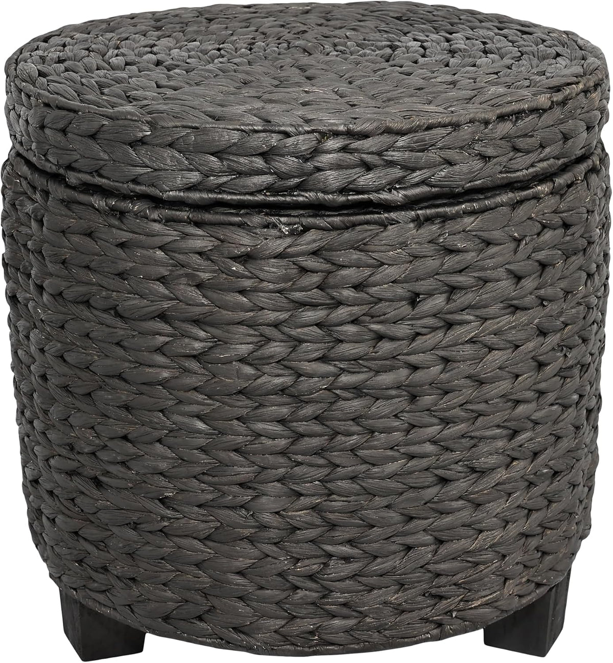 happimess Addie Handwoven Water Hyacinth Storage Ottoman 17.72", Black | Removable Lid, Coastal Foot Rest, 11 Gallon Capacity, Lined Interior, Wooden Legs, Entryway Seating, Holds 150 Lbs