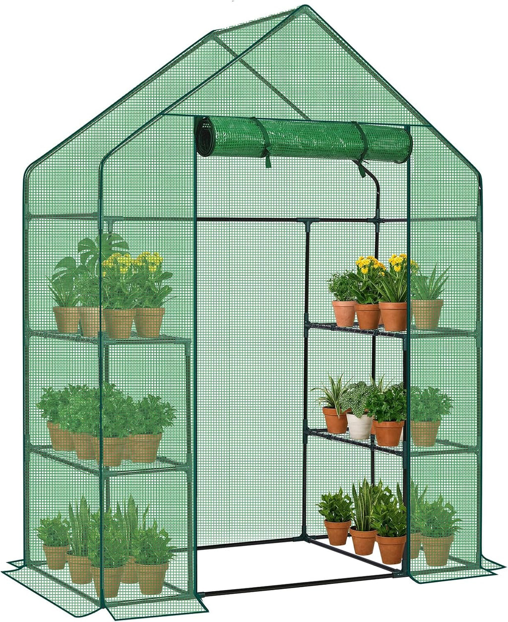 Outvita Walk-in Greenhouse, Outdoor Durable PE Plant Green House for Frost Protection with 3 Tiers 4 Shelves, Shelf Clips, Roll-up Zipper Door, 56"x29"x77" Green
