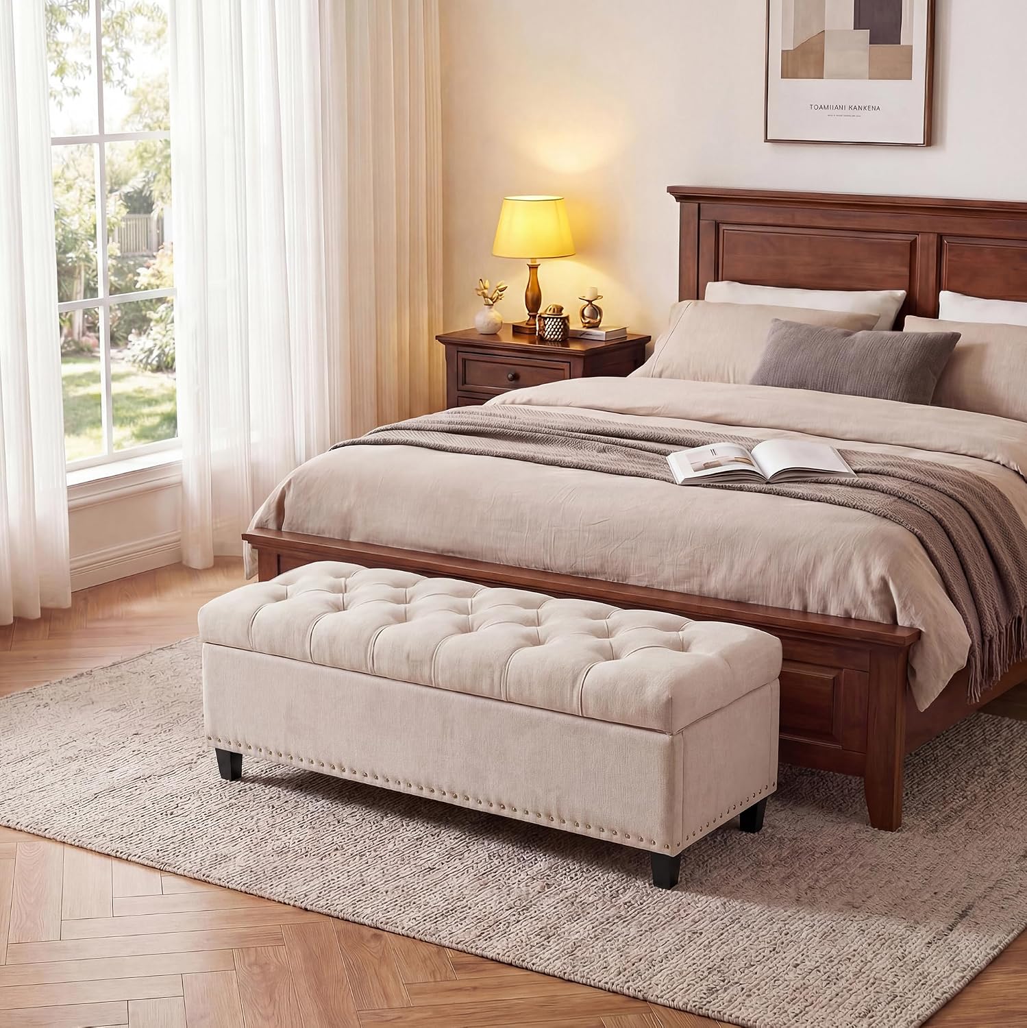 51" Extra Large Storage Ottoman Bench, Supports 660lbs End of Bed Storage Bench with Button-Tufted Upholstery and Safety Close Hinge, Upholstered Bench for Living Room, Bedroom, Entryway - Beige