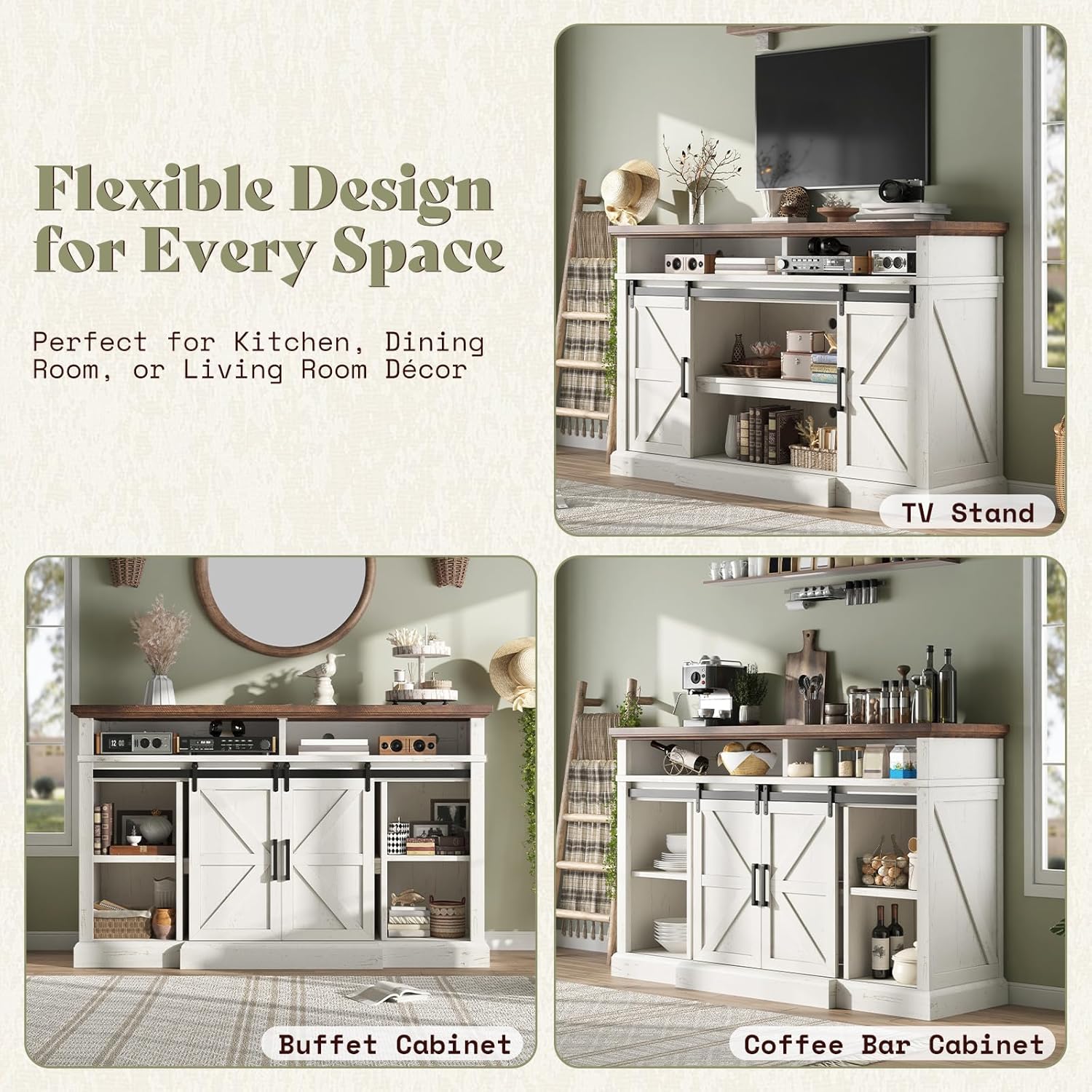 AMERLIFE 4-Piece Farmhouse Living Room Furniture Set with 66" TV Stand, Coffee Table & 2 End Tables, Barn Door Design, Large Storage Shelves, Built-in Charging Station & USB Ports, Distressed White