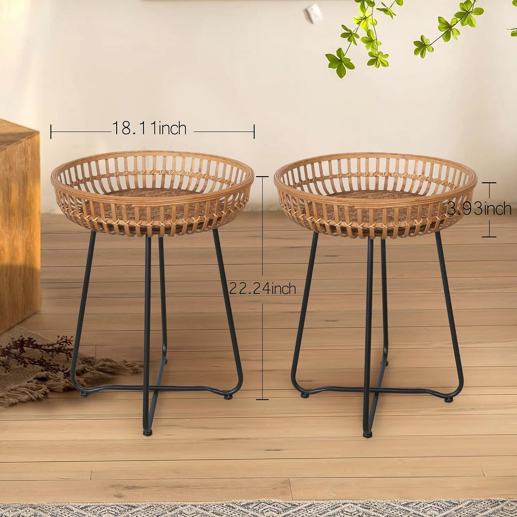 Oakrain Rattan End Table, Nesting Tables, Set of 2, Bamboo, Round, Metal Base, for Boho Living Room, Sofa, Bedroom, Terrace (18.11inch, Set of 2)