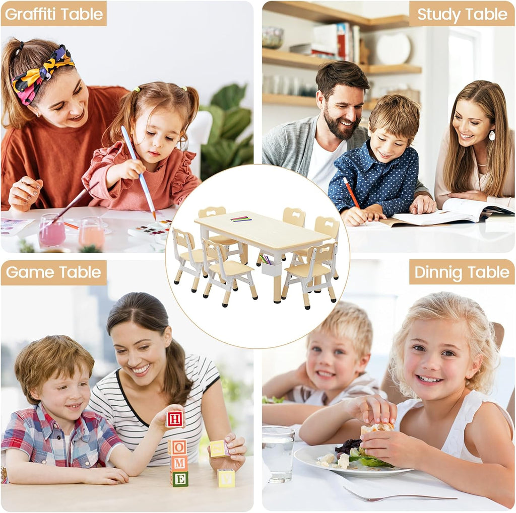 IDEALHOUSE Kids Table with 6 Chairs Set, Toddler Activity Table with Chairs | Adjustable Height & Storage Boxes, 47" x 24" Wood Grain Top, for Home, Classroom, Daycare, Natural (Water Pen Not Included)