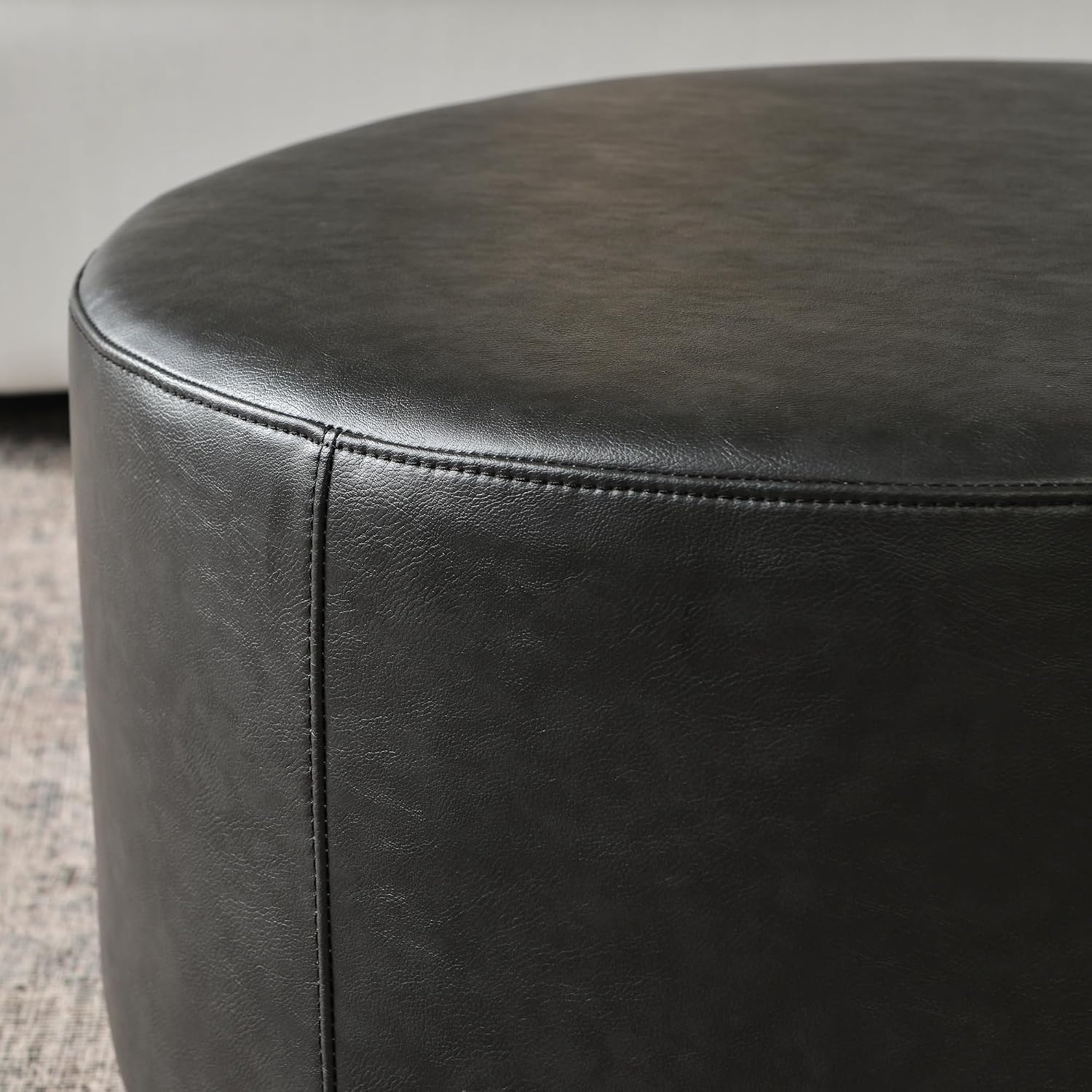 KINWELL Modern Faux Leather Round Upholstered Ottoman, Multi-Functional Sofa Footrest, Side Table, Extra Seating for Living Room, Bedroom (Black, 24" D x 24" W x 13" H)