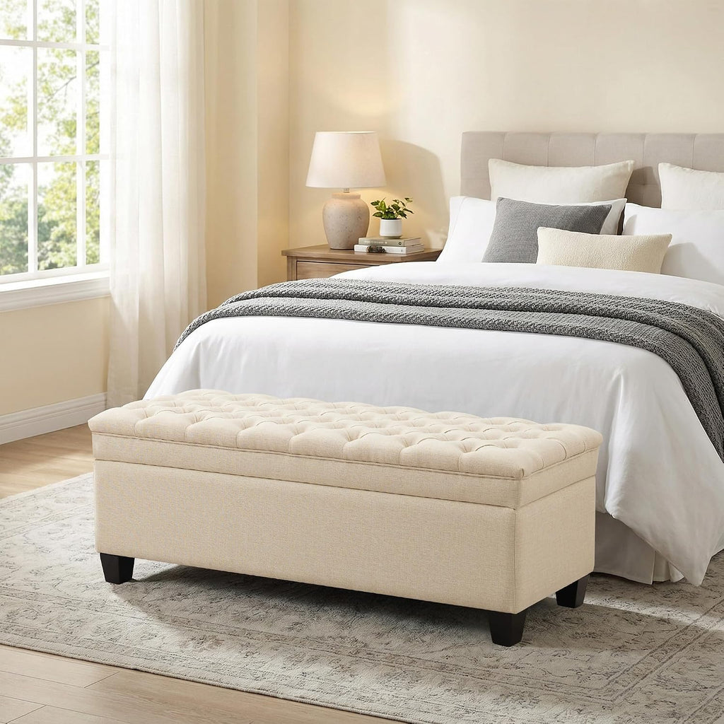 50" Storage Ottoman Bench, Rectangular End of Storage Bench, Upholstered Large Fabric Tufted Ottoman with Storage for Living Room, Bedroom, Entryway,Khaki