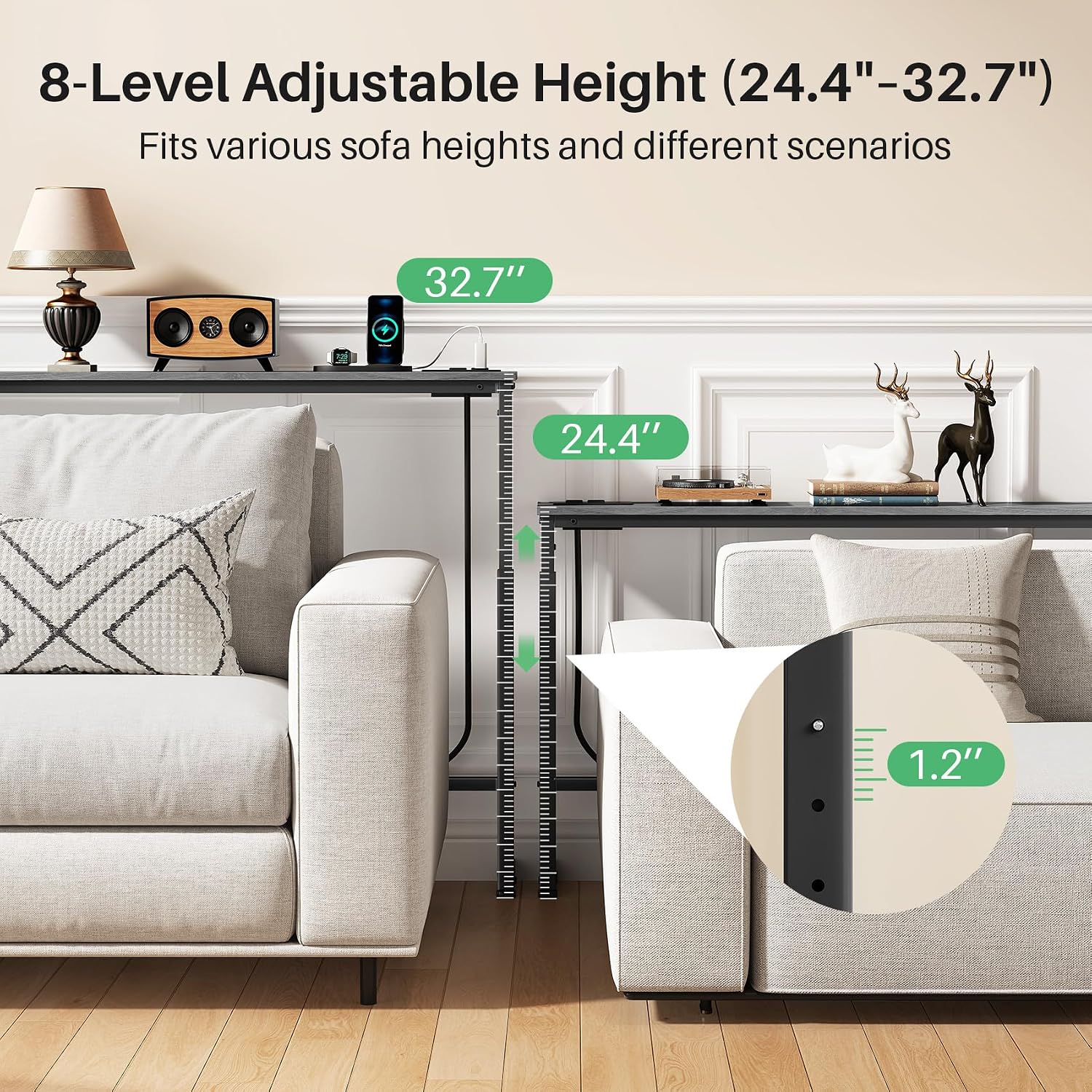 Kitstorack Narrow Sofa Table with Charging Station, 78.8" Behind Couch Table, Adjustable 24.4"-32.7" Height, Modular 2-piece Design for sectionals, entryways, Apartments, and Narrow Living Spaces