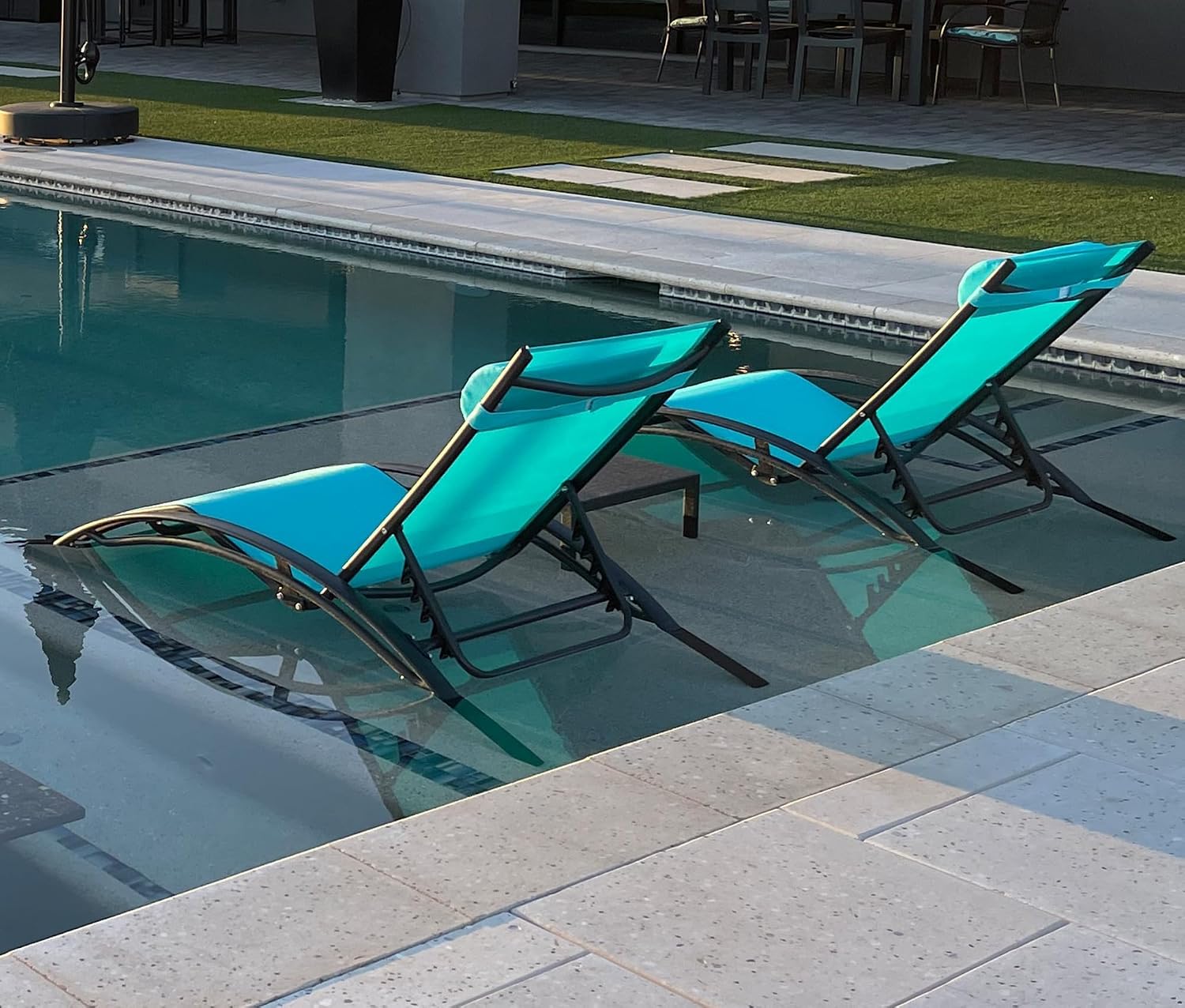 PURPLE LEAF Oversized Pool Chaise Lounge Set Outdoor Chair, Turquoise Blue | Wide Seat, Durable Aluminum Frame, UV Textilene Fades Less, Adjustable Headrest & 5 Recline Angles, S-Curve Backrest with Arm