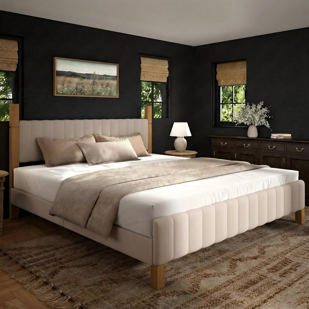 Yechen King Size Bed Frame, Wood Bed Frame with Upholstered Headboard, Solid Wood Posts and Feet Platform Bedframe, No Box Spring Needed, Beige Linen