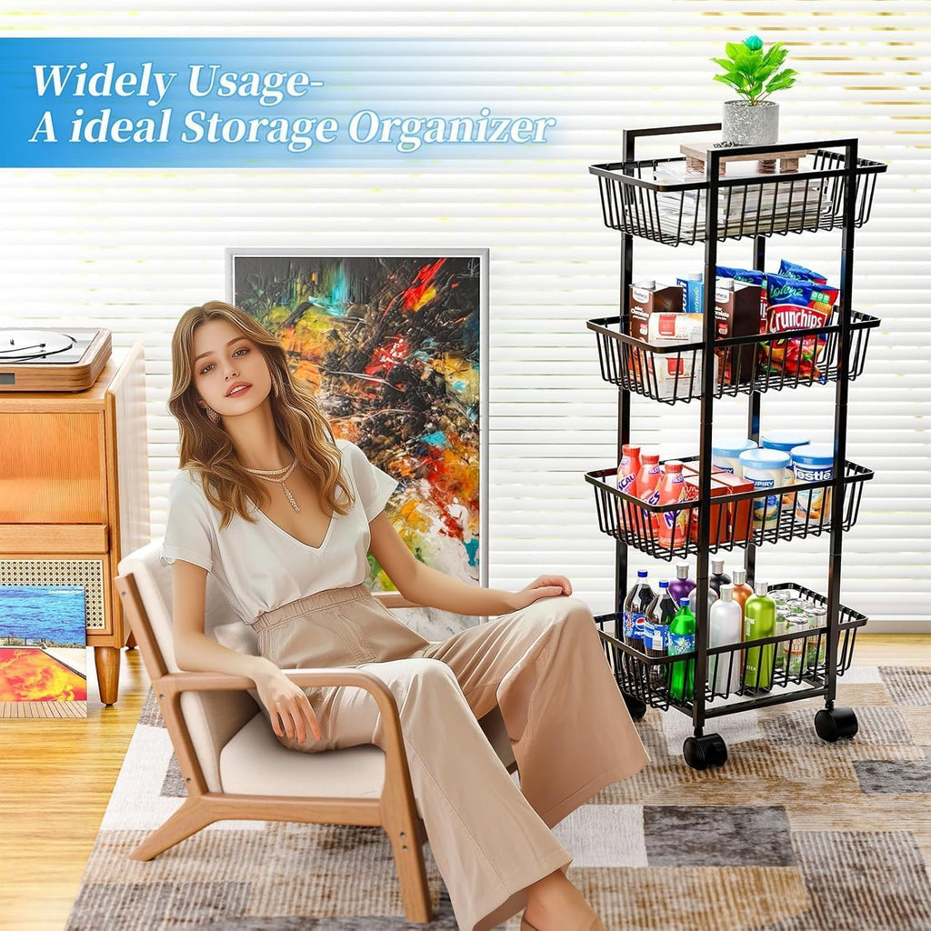 Simple Trending 4 Tier Rolling Fruit Vegetable Basket Cart, Black | Metal Wire, Kitchen Storage Organizer, on Wheels, for Bread Onion Potatoes