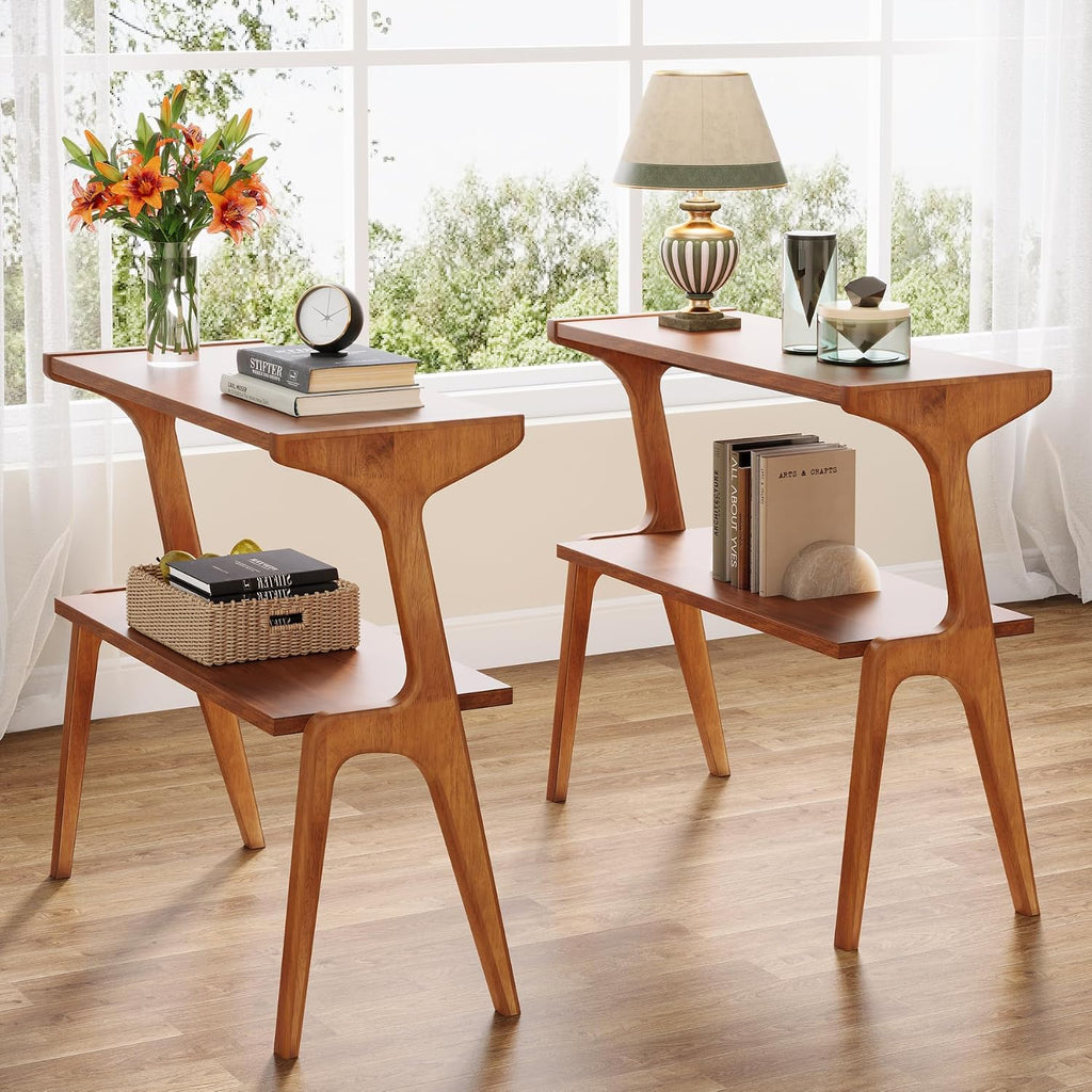 Tribesigns Set of 2 Solid Wood Side Table, 2-Tier Couch End Table with Storage Shelves, Mid-Century Modern Sofa End Table with Cute Legs, Wooden Bedside Table for Bedroom, Living Room, Cherry