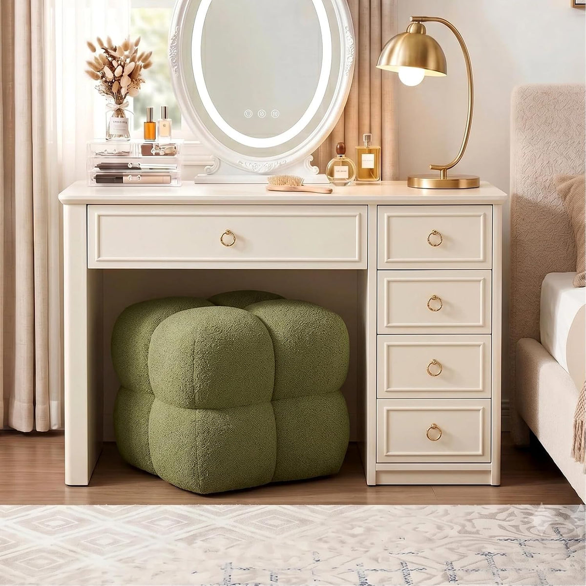 Zesthouse Square Pouf Ottomans Set of 2, Modern Vanity Chair for Bedroom | Boucle Fabric Foot Rest for Couch, Upholstered Tufted Footstool, Poofy Ottoman Seat for Living Room Dorm Fluffy Ottoman Green