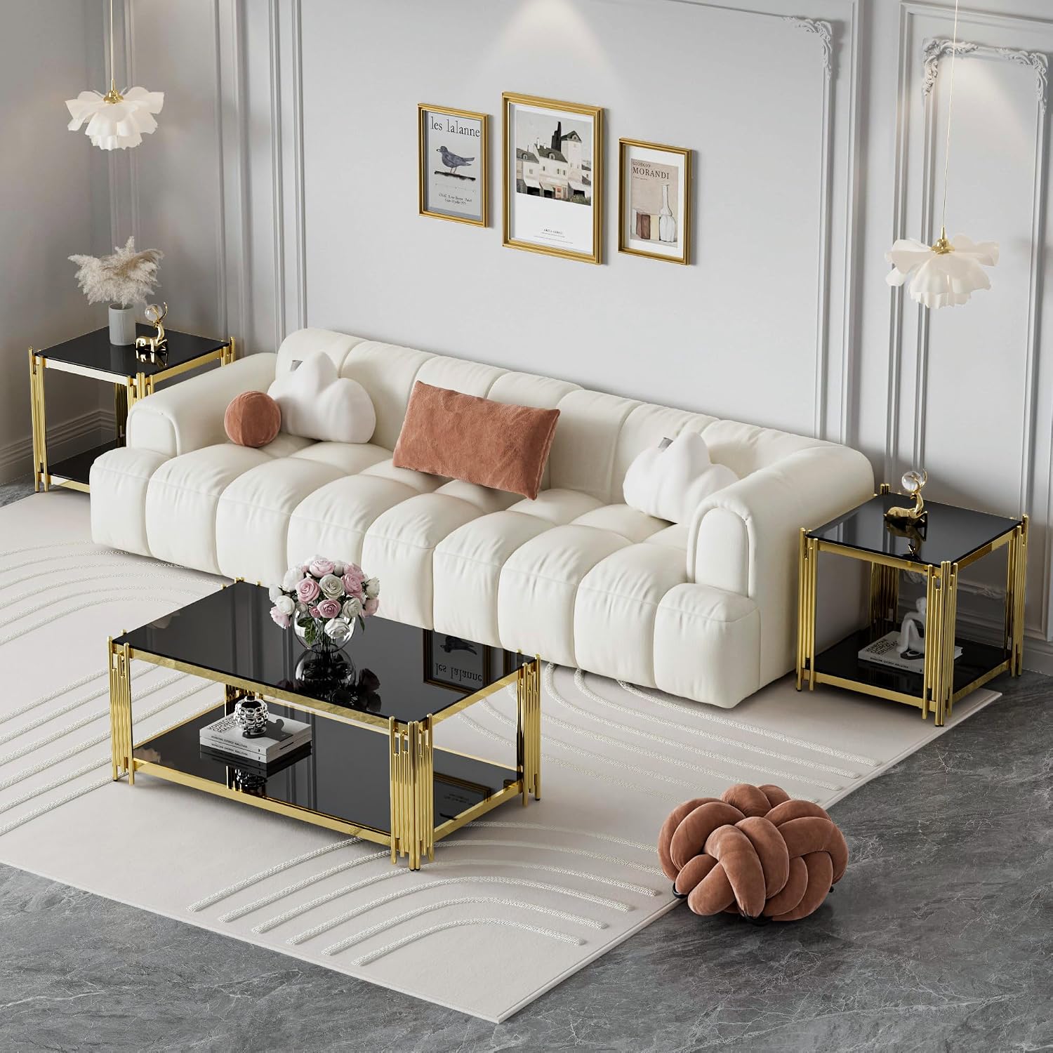 Glass Coffee Table Set of 3, End Table Modern Living Room Table Rectangle Clear Tempered Glass Stainless Steel Leg, Square Side Table for Home Furniture Set (Black, 43" Set of 3)
