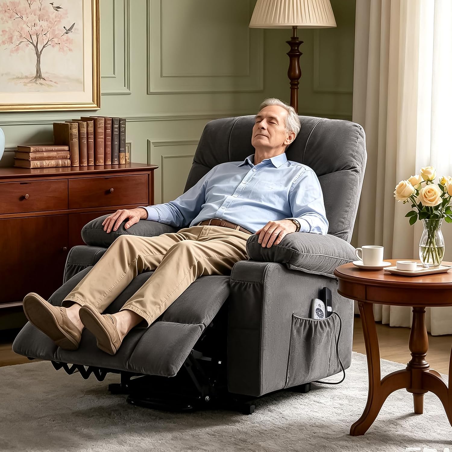 Power Lift Recliner Chair for Elderly,8-Point Vibration Massage & Heat,Electric Lift Chair with Two Cup Holders,4 Side Pockets,Extended Footrest for Living Room