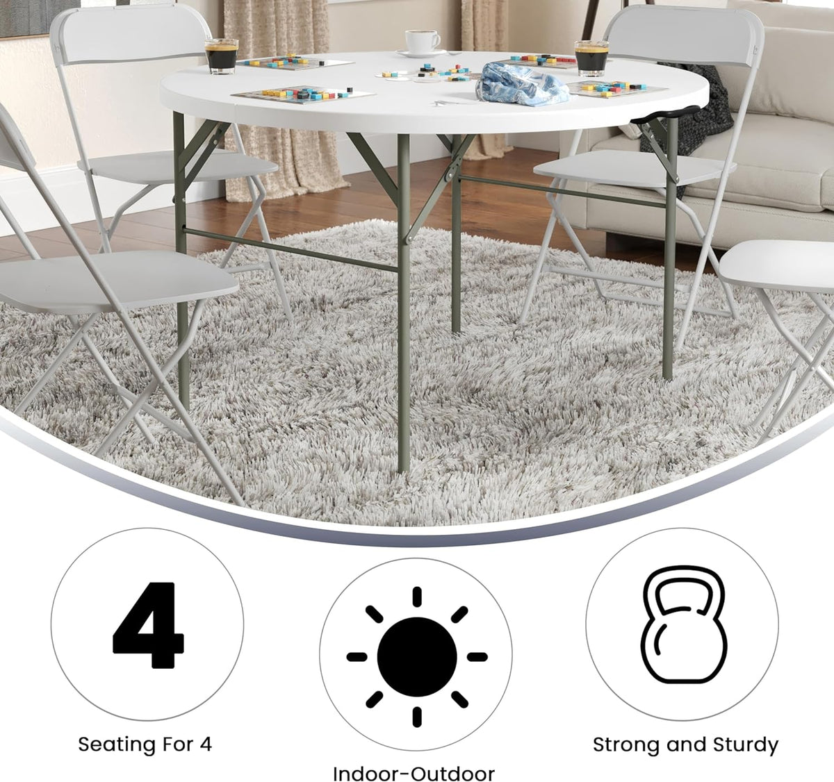 Flash Furniture 4-Foot Round Bi-Fold Granite White Plastic Folding Table | Lightweight, Easy Storage, Commercial Grade, Carrying Handle