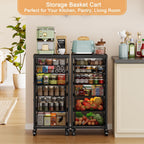 6-Tier Kitchen Storage Cart -Fruit Vegetable Storage Cart with Drawers, Wooden Top Metal Wire Kitchen Organizer and Storage Cart with Wheels to Storage Onions Potatoes Cans Snacks for Kitchen