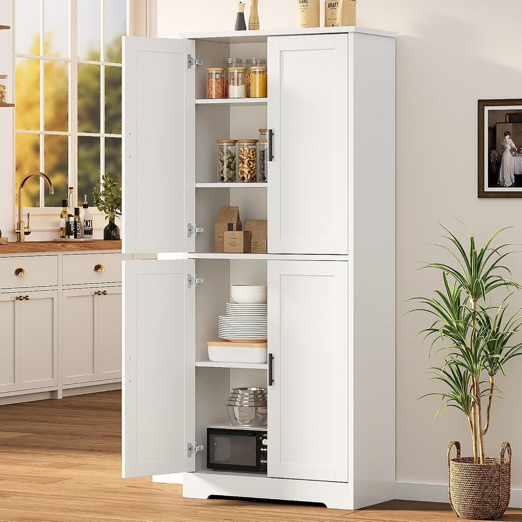 IDEALHOUSE Pantry Cabinet,70" Tall Kitchen Pantry Cabinet with 4 Doors and 3 Adjustable Shelves, Freestanding Cupboard, Modern Storage Cabinet for Bathroom, Dining Room, Living Room (White)