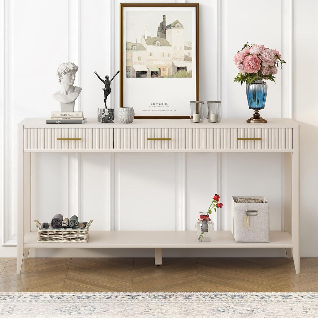 Knocbel Entryway Console Table with 3 Vertical Stripe Drawers and Storage Bottom Shelf, Sofa End Table with Sturdy Long Legs for Living Room Hallway, 15.7" D x 60" W x 31.4" H Beige
