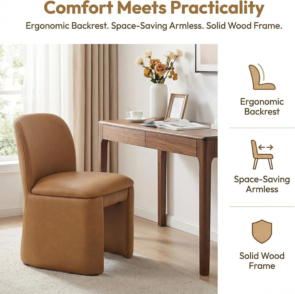 Hyfirm Modern Upholstered Dining Chairs Set of 4, Faux Leather Accent Side Dining Chairs Armless Kitchen Chairs with Curved Back Parsons Chairs for Kitchen Dining Room Living Room, Brown