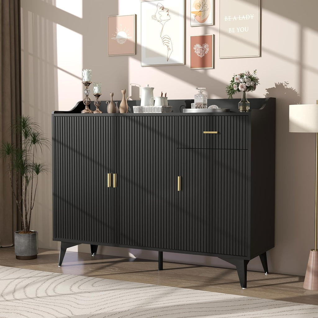 Sideboard Buffet Cabinet with Drawers: 47" Black Fluted Sideboard Cabinet with Storage, Modern Kitchen Cabinets Storage, Credenzas for Living Room (47")