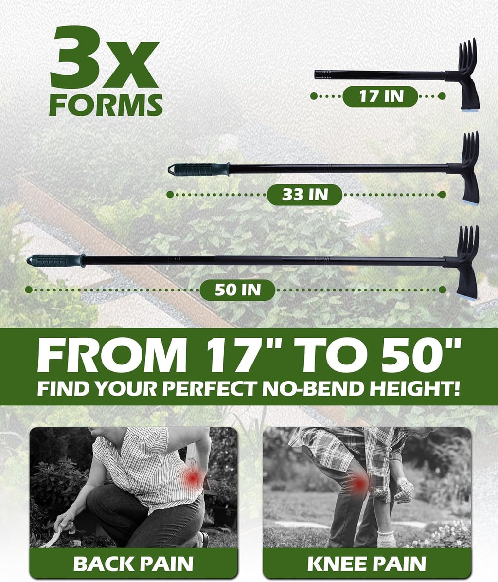 5-in-1 Garden Hoe - Adjustable 37" to 50" Handle, 5 Tool Heads, Heavy-Duty Weeding, Cultivating, and Raking Tool for Gardening, Camping, and Outdoor Use