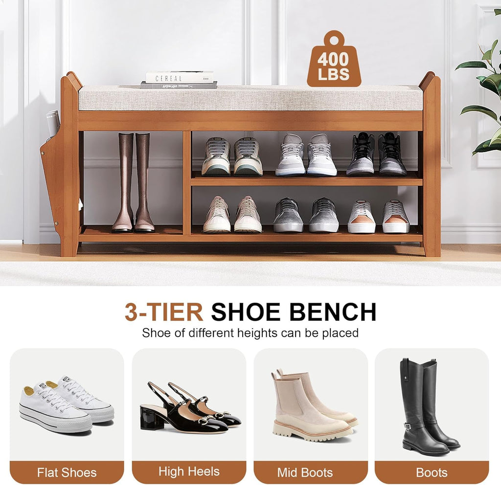 PETKABOO 39.4" Shoe Bench with Coat Rack Hidden Drawer and Side Holder, 2 Tier Entryway Bench with Storage, Bamboo Shoe Rack with Cushion for Entryway Hallway Living Room Bedroom