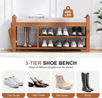 PETKABOO 39.4" Shoe Bench with Coat Rack Hidden Drawer and Side Holder, 2 Tier Entryway Bench with Storage, Bamboo Shoe Rack with Cushion for Entryway Hallway Living Room Bedroom