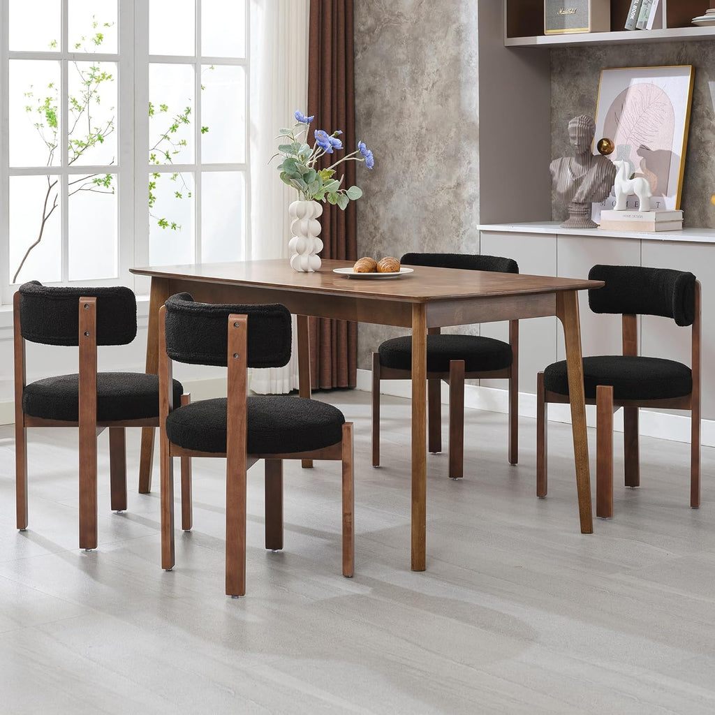 Okeysen Modern Dining Chairs Set of 4, Round Upholstered Armless Kitchen Chairs with Wood Legs Adjustable Foot, Mid Century Boucle Dining Chairs for Dining Room(Black)