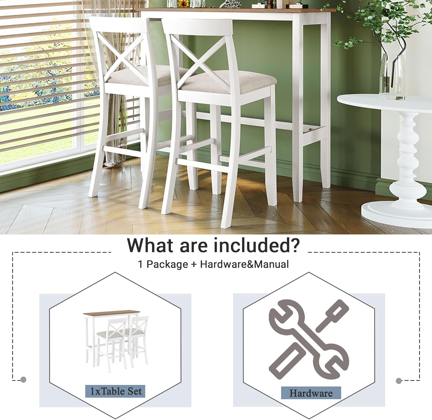 LUMISOL 3 Piece Pub Table and Chair Set, Small Wood Counter Height Bar Table Set for 2, Breakfast Nook Table Set, 3 Piece High Top Dining Table for Kitchen, White + Beige
