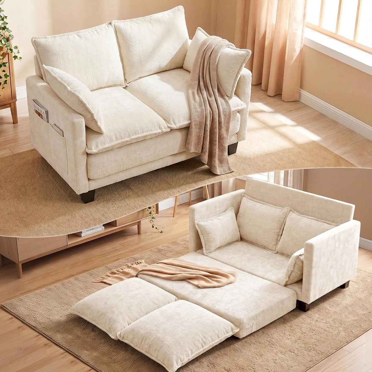 49" Loveseat Sofa Bed, 2 in 1 Convertible Sofa Bed Small Pull Out Couch Bed Chenille 2 Seat Sofa 85" Sleeper Futon Mattress for Small Spaces Living Room Bedroom Apartment Office 8836-BEIGE