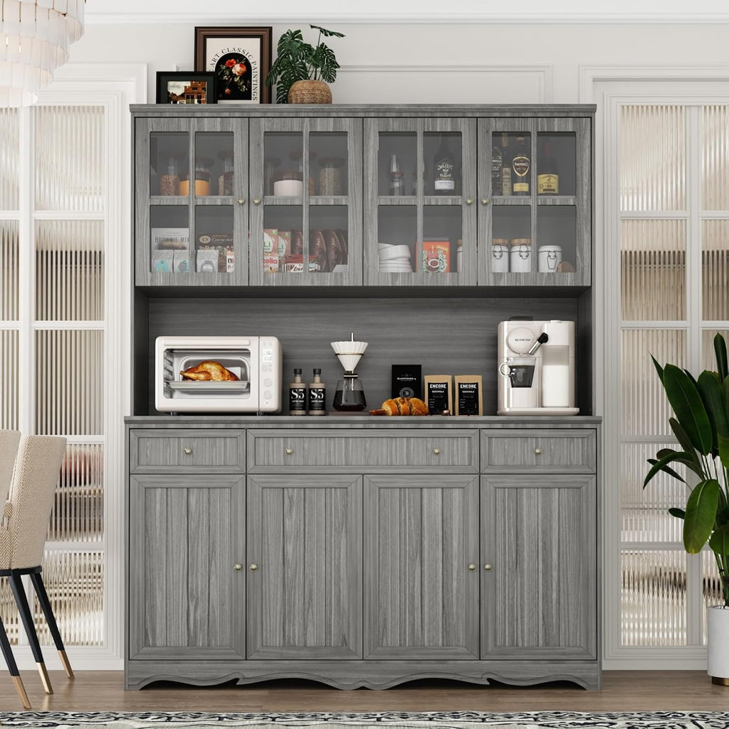 Kitchen Pantry Cabinet with Glass Doors and 3 Drawers, Tall Freestanding Storage Cabinet with Open Countertop, Fluted Doors, Living Room, Grey 59.1”W x 17.7”D x 74.8”H