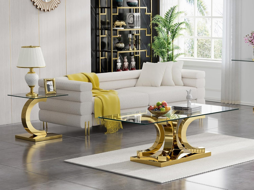 Henf Square Glass End Table Luxury Accent Sofa Side Table, Modern Glass End Tables Nightstand with Tempered Glass Top and Gold Mirrored Stainless Steel Base for Living Room Bedroom