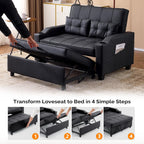 VINGLI Convertible Loveseat Sleeper Sofa Bed, Pullout Couch for Living Room | Black Futon Sofa Bed, Faux Leather Pull-Out Couch Bed with USB Ports, Cup Holders for Small Space, Apartment, Office