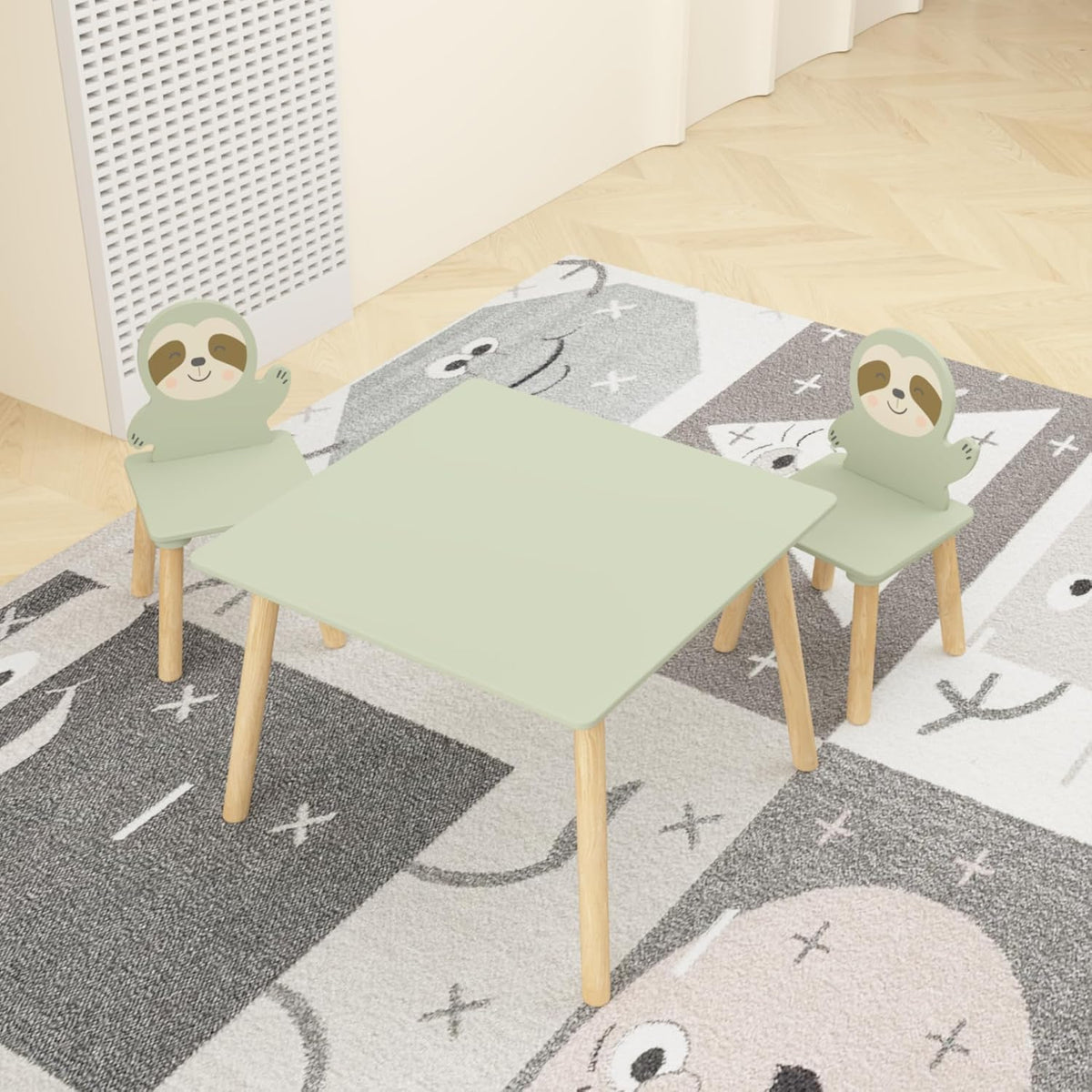 Kids Table and Chair Set with 2 Sloth Chairs 23.6" x 23.6" x 17.3" Solid Wood Table & Chairs in Sage Green & Natural Wood