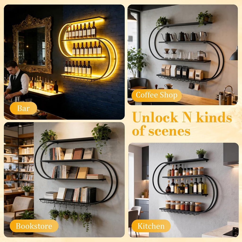 71" Modern Wall Mounted Wine Rack with LED Lights, 4-Tiers Wine Rack with Wine Glass Holder, Liquor Bottle Display Shelf for Home Bar Dining Room Kitchen Living Room-Black 70.87“
