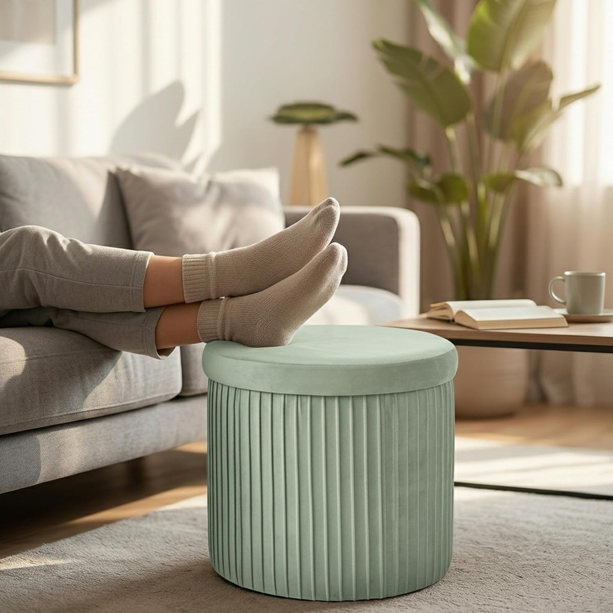 Relaxdays Velvet Stool with Storage Upholstered Foldable Height 38 x Depth 38 cm Round Side Stool Sage