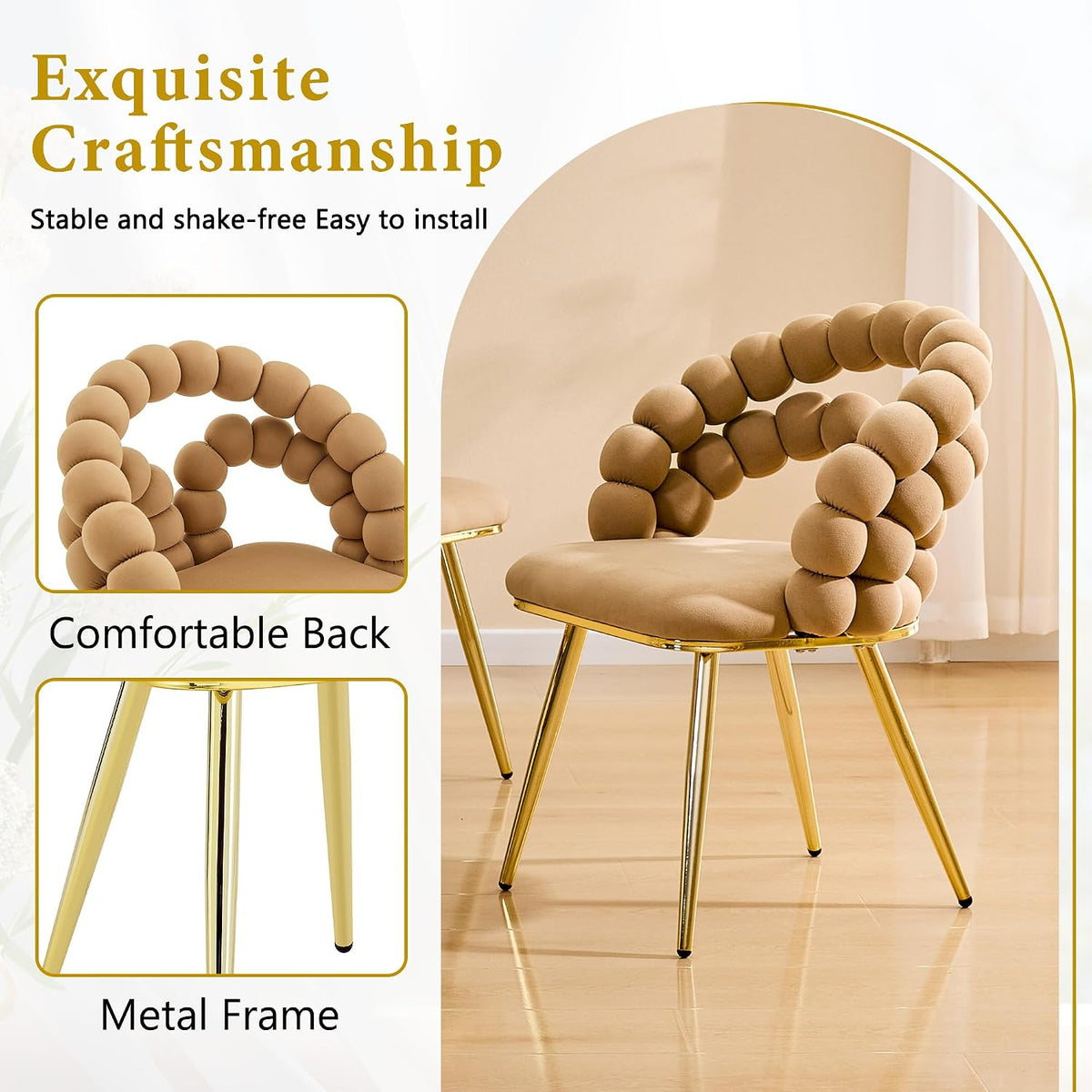 Aoowow Bubble Ball Chain Chairs, Contemporary Luxury Kitchen Chairs, Handcrafted Backrest, Lumbar Support, Modern Velvet Dining Chairs with Gold Legs for Kitchen, Dining Room (Brown, 4 Chairs)