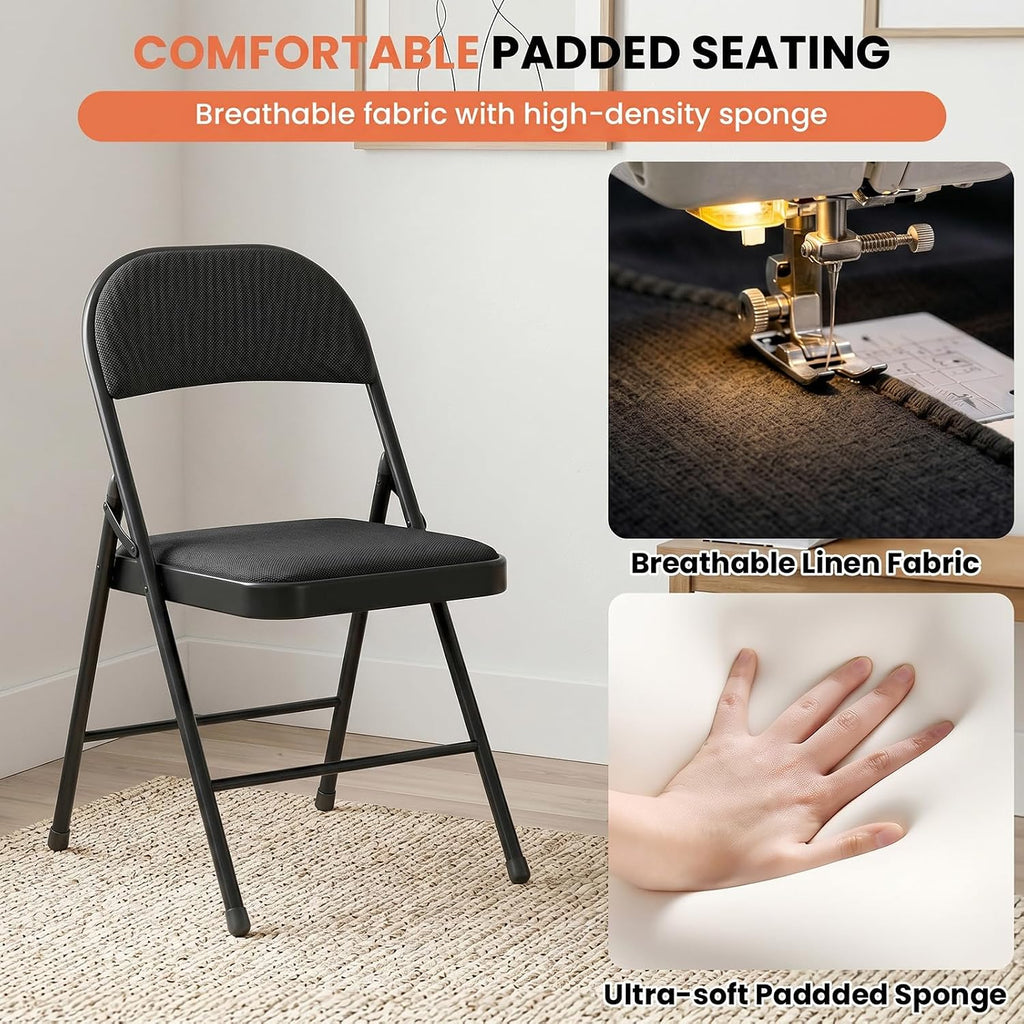 6 Pack Black Folding Chairs with Fabric Padded Cushion and Back | Comfortable Dining Chair Set with Metal Frame Indoor Outdoor Seat for Parties Home Office Events Wedding Extra Guest Seating