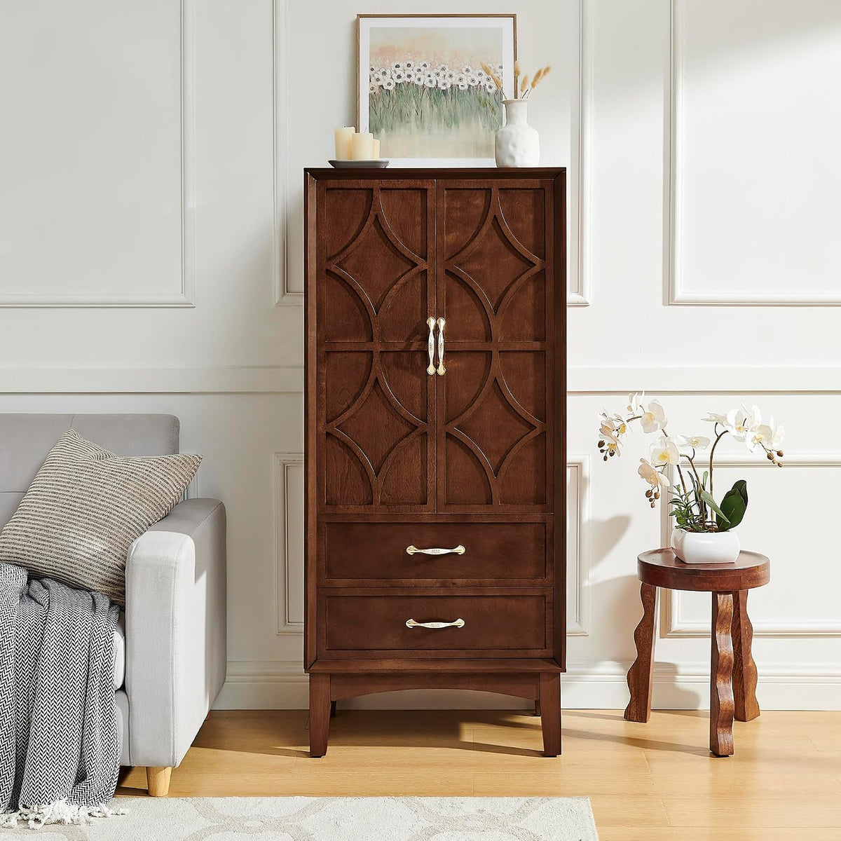 DSHADE 53.5" Tall Mid-Century Modern Kitchen Pantry Cabinet, Retro Sideboard Buffet with Doors/Drawers, Walnut Finish for Entryway, Living Room, Kitchen, Garage Storage