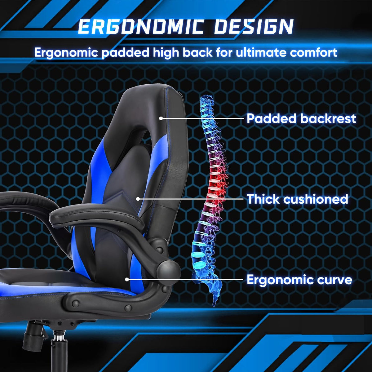 OLIXIS Computer Gaming Chair, Lumbar Support, PU Leather | 360° Swivel Wheels, Height Adjustable, Flip-up Armrest, Ergonomic Home Office Desk, Video Racing, Black and Blue