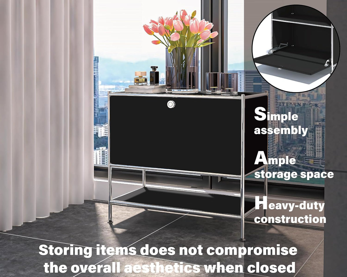 Metal Nightstand, Mid-Century Modern Bookshelf, Flap Door 27.5 | Sleek Modern Design,Space-Saving, Cube Storage Organizer, Bedside Table, Entryway Console for Home, Office, or Foyer