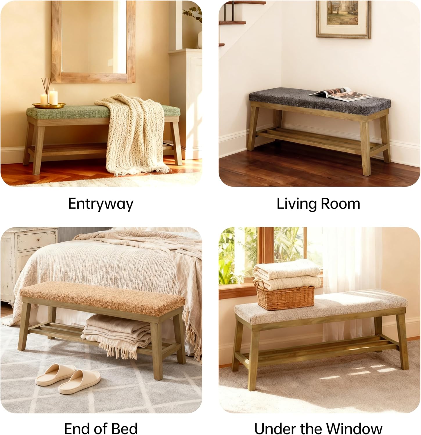 VKNOW Entryway Bench, 44.4" Upholstered Shoe Storage Bench for Entryway & Bedroom, Shoe Bench with Rubberwood Legs, Modern End of Bed Storage Bench for Living Room and Hallway, Brown