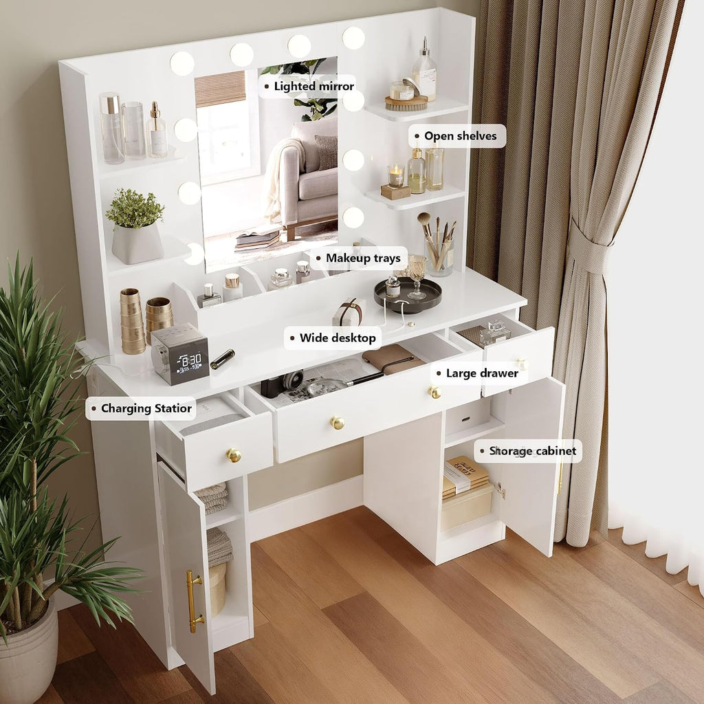 Wodeer Makeup Vanity Desk with Mirror and Lights, 43" White Vanity Set with 3 Drawers, Power Outlet & Adjustable RGB LED Lights, Dressing Table with Storage Shelf for Women & Girls Bedroom