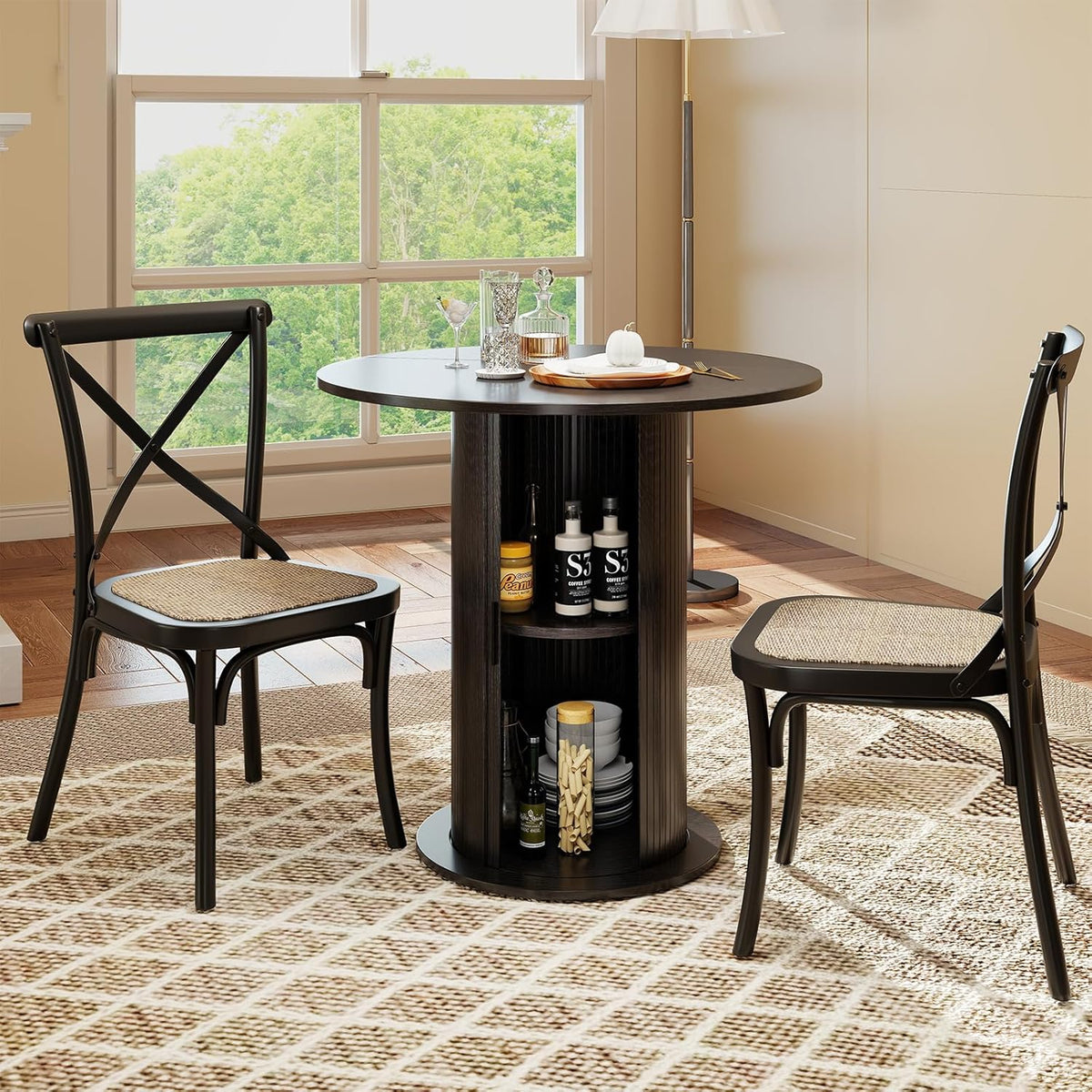 SoarFlash 31.5 Inch Round Dining Table for 2-3, Circle Farmhouse Kitchen Table with Storage Space, Wood Strip Base for Dining Room, Living Room, Lunch (Black)