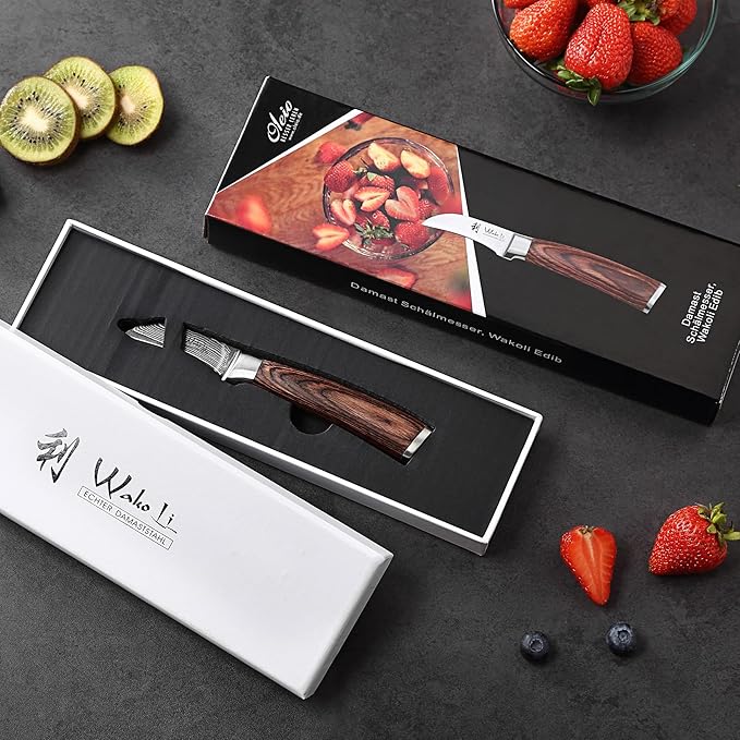 Wakoli EDIB Peeling Knife, 6.9-Inch Damascus Kitchen Knife, VG10 Core, Pakkawood Handle, Knife for Food Peeling in Gift Box