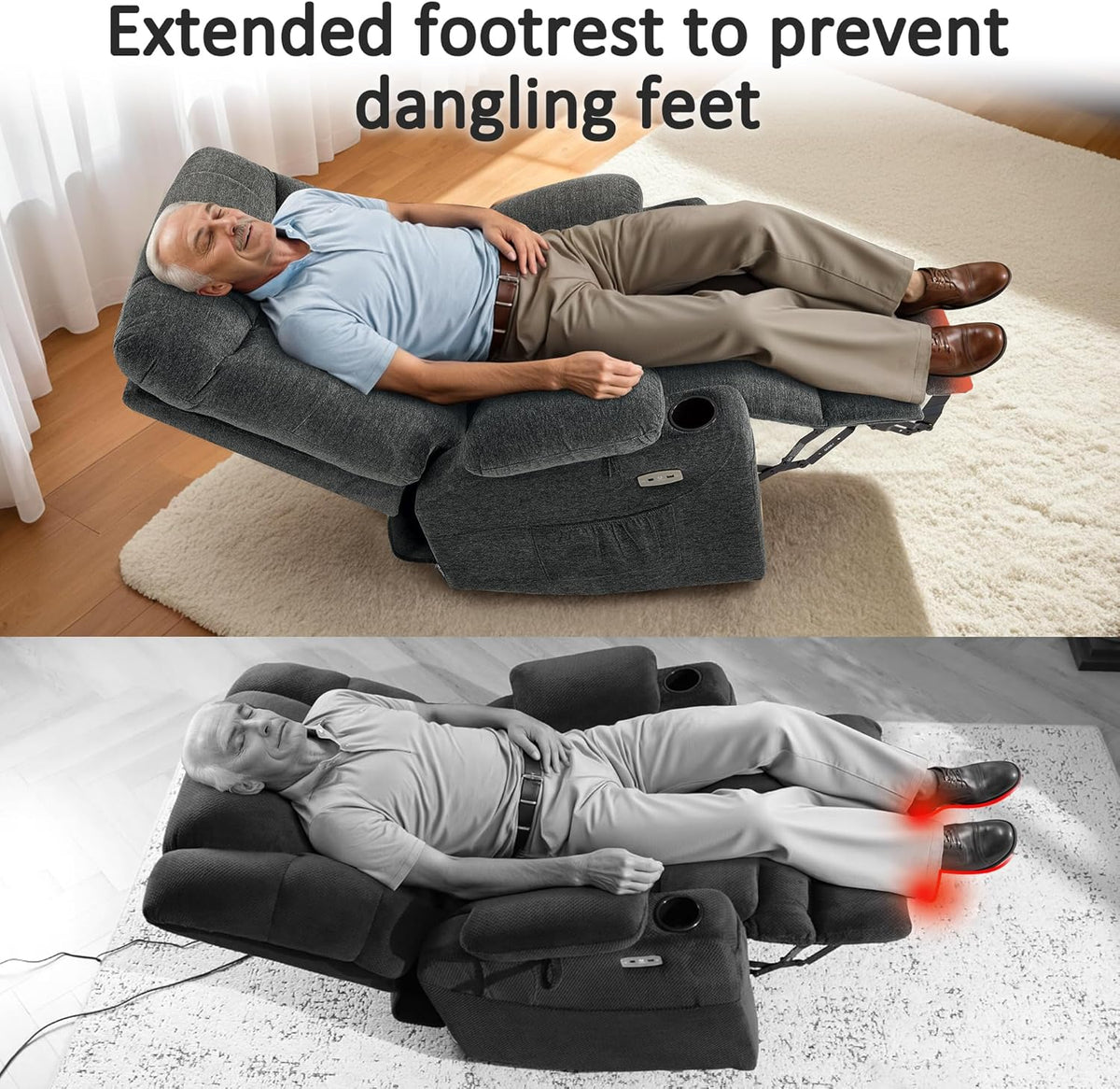 MCombo Power Lift Recliner Chair with Extended Footrest for Elderly People, Fabric 7283 (Dark Gray, Large)