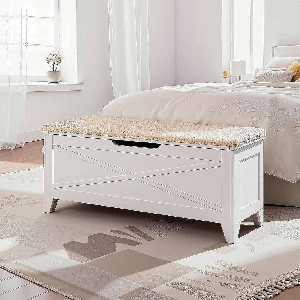 VECELO 43.3" Storage Bench, Entryway Shoe Ottoman, Farmhouse Style Bench with Handwoven Cushion and Metal Safety Hinges, for Bedroom, Living Room, Entryway, White