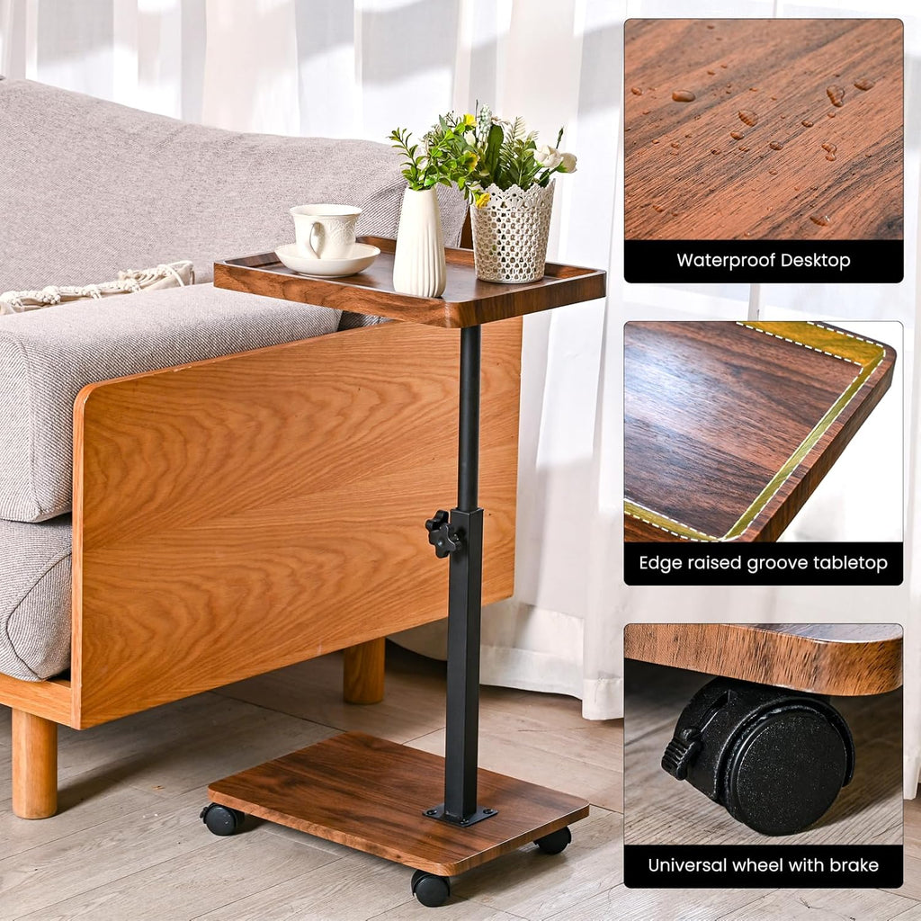 C Table End Table with Adjustable Height, C-Shaped Side Table for Couch & Bed, 360° Swivel TV Tray Table, Slide-Under Sofa Table for Snacks, Laptop & Small Spaces(Solid Wood Color)