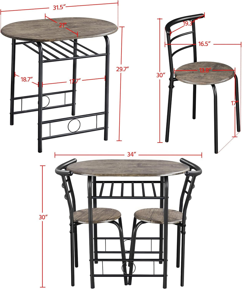Yaheetech 3 Piece Dining Table Set for 2 Small Table and Chairs Drift Brown | Compact Breakfast Table and Chairs, Space Saving MDF Tabletop and Iron Frame with Chairs, for Kitchen/Apartment/Small Space