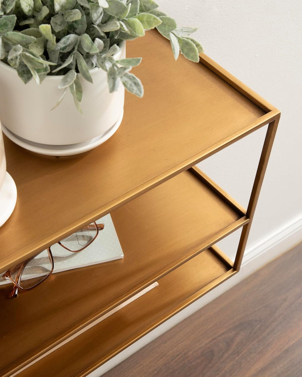 Kate and Laurel Nomi Modern Metal Floating Side Table with Storage, 18 x 10 x 12, Gold, Contemporary Tiered Floating End Table for Use as Wall Shelf for Small Spaces
