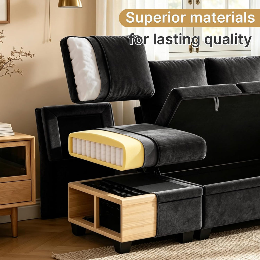 Oversized Sectional Sleeper Couch, 9 Seat Modular Sofa Pull-Out Storage Bed | MastonHome 109" U-Shaped Convertible Cloud Couch with Pillow Armrests, Chenille Fabric for Living Room, Apartment, Black