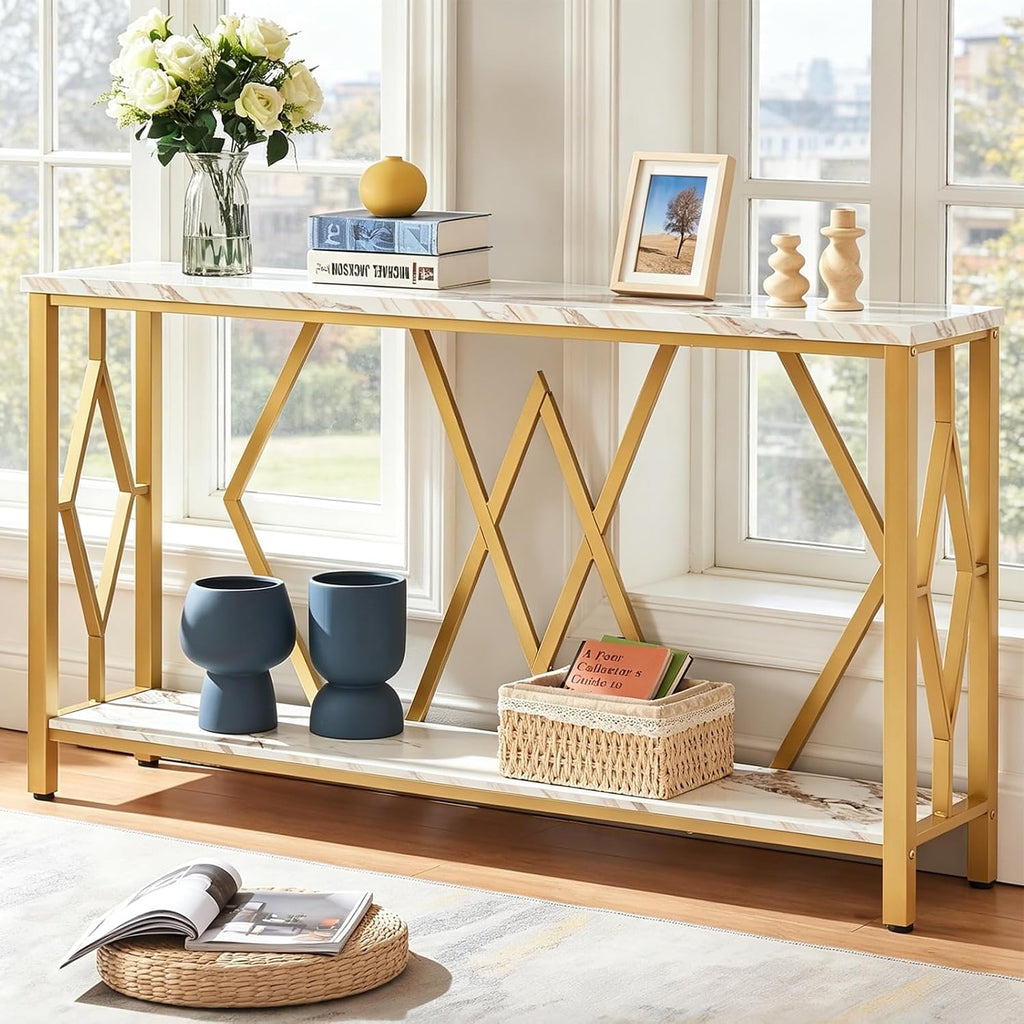 HOMISSUE 55 Inch Modern Entryway Console Table, White & Gold Faux Marble Top Engineered Wood Sofa Table with 2-Tier Open Storage, Entry Table for Hallway & Living Room